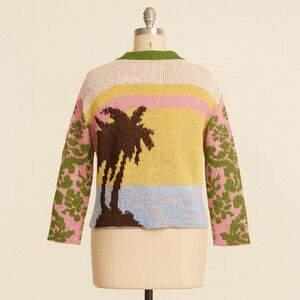 BDG UO Gwen Sweater Knit‎ Cardigan XS Colorful Palm Tree Floral Pastel Block